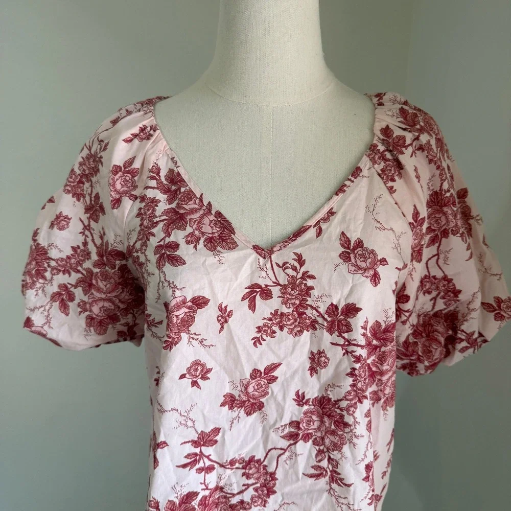 Banana Republic Pink Floral Toile Poplin Blouse Small Cottage Coquette Regency